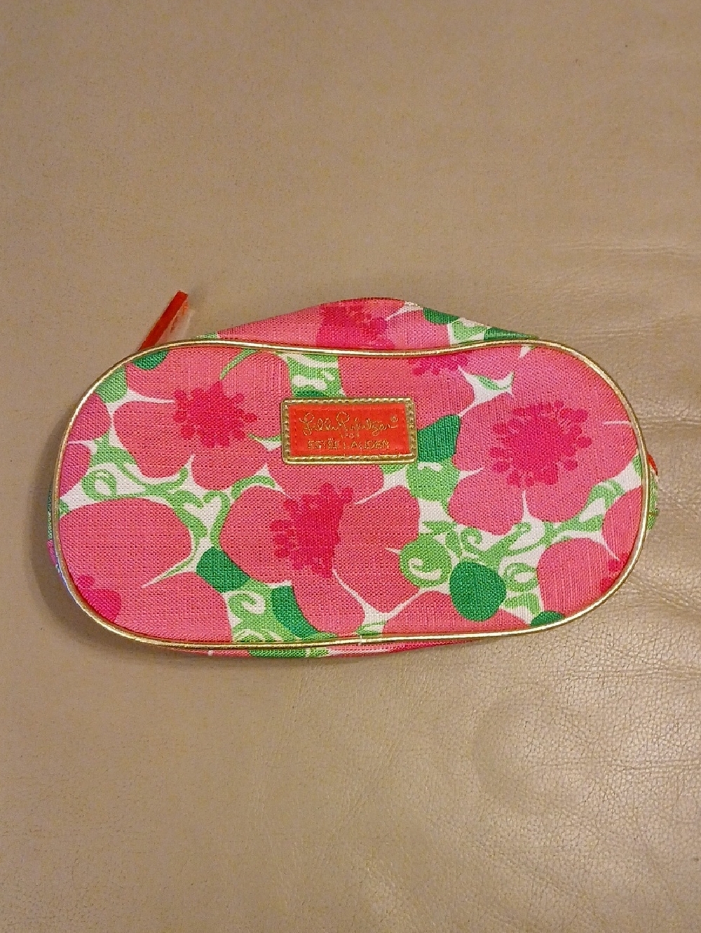 Lilly Pulitzer Pink Floral Zip Cosmetic Pouch with Gold Trim